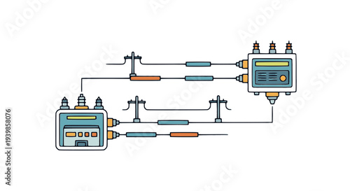 Flat vector schematic of an electrical power distribution grid, showing transformers and power transmission lines connecting substations in a network infrastructure concept.
