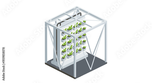 Isometric vector illustration of a vertical farming unit with hydroponic plants, representing modern urban agriculture, sustainable food production, and innovative gardening technology.