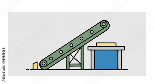 Flat vector illustration of an industrial conveyor belt system transporting materials to a processing station, representing manufacturing automation, logistics, and factory production lines.