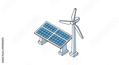 Isometric vector illustration of renewable energy sources featuring solar panels and a wind turbine. Concept for clean energy, green power, sustainability, and eco-friendly technology solutions.