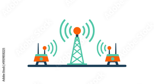 Vector illustration of a central telecommunications tower connecting with local wireless devices. Concept for 5G technology, network signal, data transmission, and modern wireless connectivity.