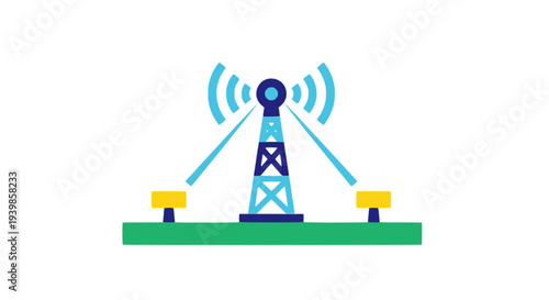 Flat vector icon of a telecommunications tower emitting signal waves to ground units, representing wireless network connectivity, mobile infrastructure, data transmission, and communication technology