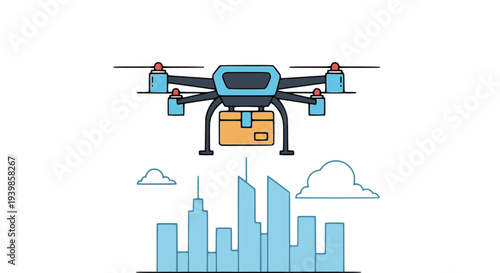 Vector illustration of a delivery drone carrying a package over a city skyline. Concept for autonomous logistics, modern shipping, smart city technology, and e-commerce delivery services.