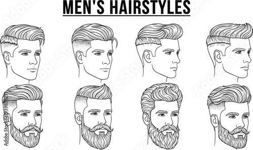 Hand drawn collection of modern men hairstyles with fade haircuts and groomed beards for barbershop branding isolated on white background vector
