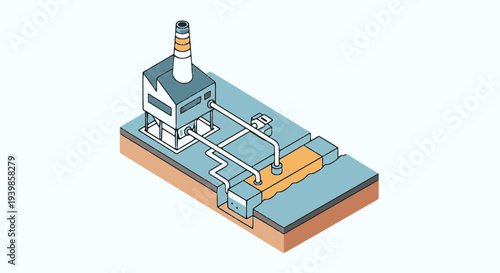Isometric vector illustration of an industrial factory connected to an underground pipeline system. Concept for oil, gas, water supply, or sewage infrastructure and industrial plant engineering.