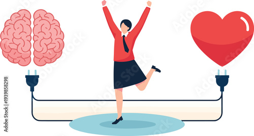 Emotional intelligence concept vector illustration with businesswoman balancing logic and heart using brain and heart power plug icons