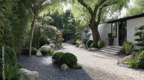 Serene Zen Garden Pathway with Lush Greenery, Stone Features, and Tranquil Atmosphere in Contemporary Design