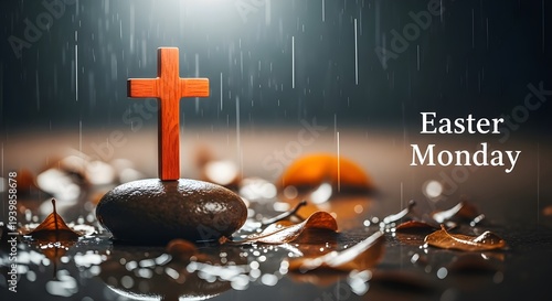 Easter monday reflection a symbolic orange cross on a rainy day representing renewal and hope