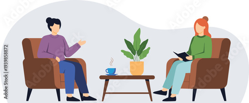 Psychotherapy session flat vector illustration with therapist and patient talking in armchairs for mental health counseling and coaching