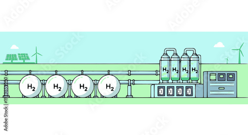 Flat vector illustration of a hydrogen storage facility with tanks and processing units, representing clean energy infrastructure, renewable fuel technology, and H2 sustainable power systems.
