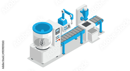 Isometric vector illustration of an automated manufacturing assembly line with a conveyor belt, robotic arm, and mixing unit. Perfect for concepts of smart factory automation and industrial production