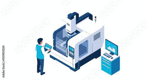 Isometric vector illustration of a technician operating a modern CNC milling machine with digital monitoring and data analysis on a computer. Concept for industrial automation and smart manufacturing.