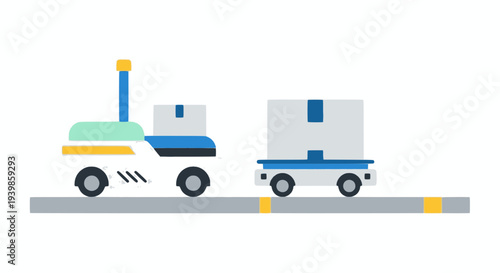 Flat vector illustration of autonomous mobile robots transporting boxes in a modern warehouse, representing logistics automation, smart manufacturing, and Industry 4.0 technology.