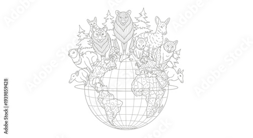 Endangered animals surrounding globe illustration for conservation