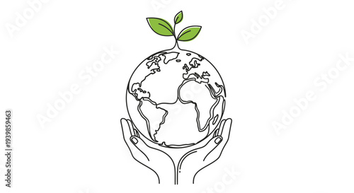 Hands cradling a globe with a green sprout growing from it