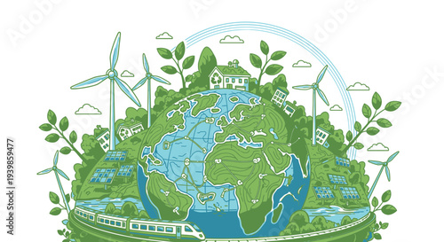 Sustainable eco friendly earth with renewable energy sources and green landscape