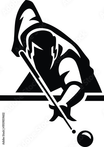 Billiards player silhouette aiming cue stick to strike pool ball on table, professional snooker sport action illustration isolated on white background vector style