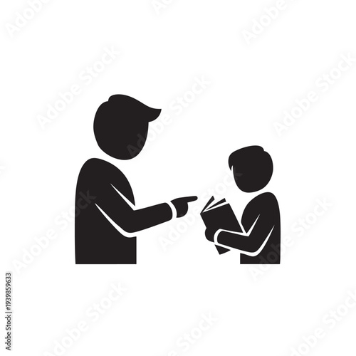 Man hands over a book to a child, illustrating a transfer of knowledge, in a simple illustration style.