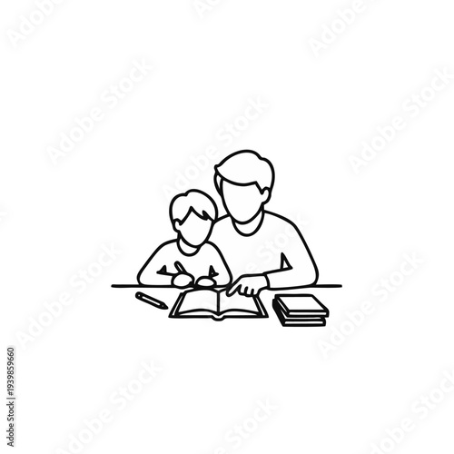 Father guiding son in reading activity at home desk with books and pencil nearby