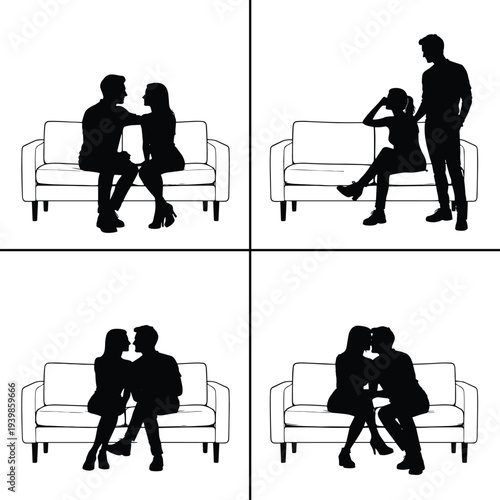 Couple relationship silhouette scenes showing romance, argument, breakup and reconciliation sitting on sofa isolated on white background, human emotions and love concept illustration