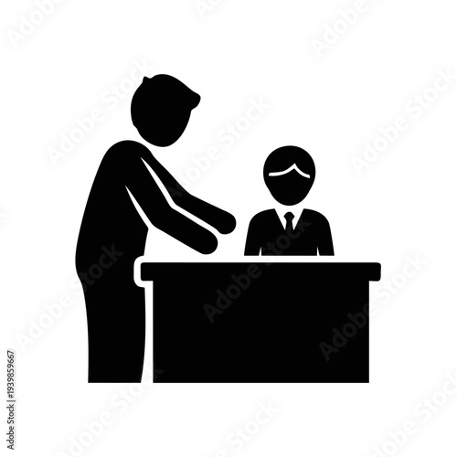 Man standing before a seated masked figure at a desk, illustration of a business meeting scene from a slight angle, file reference 1a.eps