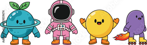 Cute space adventure character set featuring kawaii planet astronaut sun and purple rocket monster in flat vector style