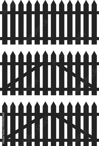 Black wooden picket fence set with closed and open gate variations isolated on white background, simple flat vector silhouette for garden boundary, property security design