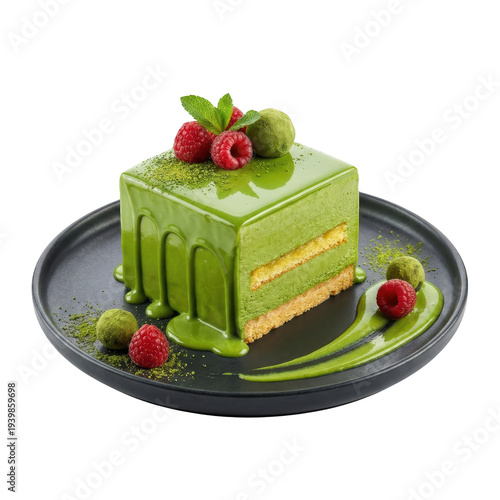 Wallpaper Mural Delicious green tea cake with raspberries on a black plate Torontodigital.ca