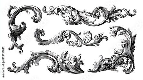 Vintage black and white decorative swirl ornaments collection