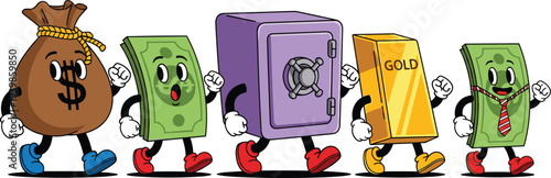 Cute money characters set featuring money bag cash banknote safe box and gold bar in retro mascot style for finance banking