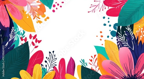 Vibrant Floral Frame - Abstract Colorful Flowers and Leaves with White Space.