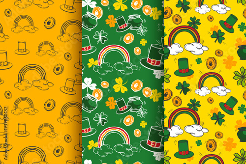 St. Patrick's seamless patterns set. Hand drawn bright print. Simple cartoon background. Cute doodle elements. Many outline clovers, big rainbow sign, leprechaun top hat, gold. Funny graphic design
