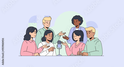 Diverse group of people gathered around a microphone discussing ideas, podcasting, and collaboration