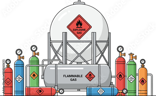 Industrial Gas Storage Facility with Large Spherical Tank and Various Compressed Gas Cylinders Featuring Flammable and Explosive Warning Labels Vector Illustration