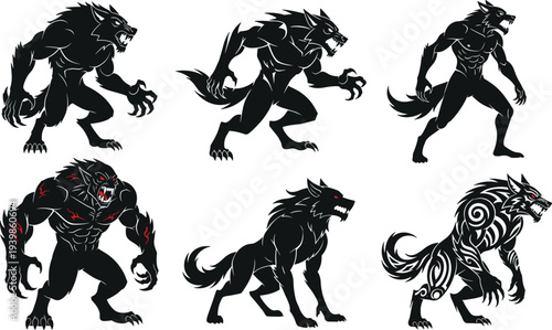 Vector illustration set of horse and rider silhouettes in different poses