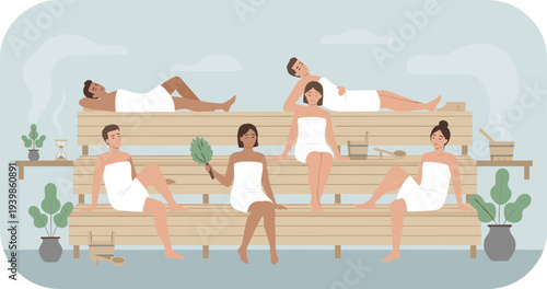 Diverse Group of Men and Women Relaxing in Traditional Wooden Sauna or Steam Room for Wellness Spa and Self Care Concept Illustration