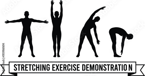 Black Silhouette of People Performing Stretching Exercise Demonstration, Isolated on White Background for Fitness, Wellness, and Healthy Lifestyle Training Projects.