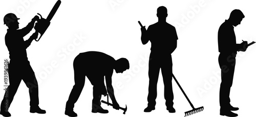 Black Silhouette of Male Workers Using Chainsaw, Hammer, and Rake, and Foreman Writing on Clipboard, Isolated on White for Industry Design.