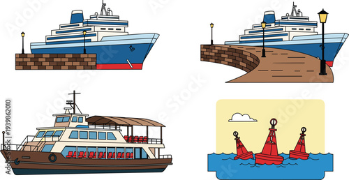 Commercial maritime transportation vector illustration set featuring luxury cruise ships at a stone pier and a double decker passenger ferry boat