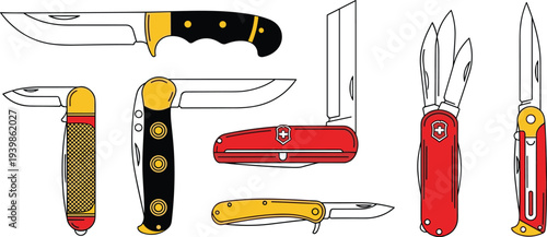 Red yellow and black pocket knife vector illustration set featuring various folding multi-tool blades and Swiss army knife styles