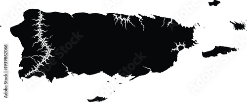 Black silhouette map of Puerto Rico including Vieques and Culebra islands isolated on white background for geographical vector design projects