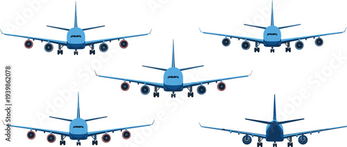 Blue commercial passenger airplane fleet vector illustration set featuring multiple large aircraft flying in formation on white background