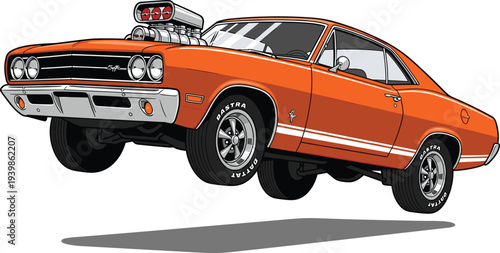 Classic orange muscle car vector illustration with high performance engine blower performing a wheelie stunt on white background
