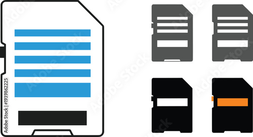 Flat vector illustration set of digital SD memory card icons featuring various storage formats in blue black and grey colors