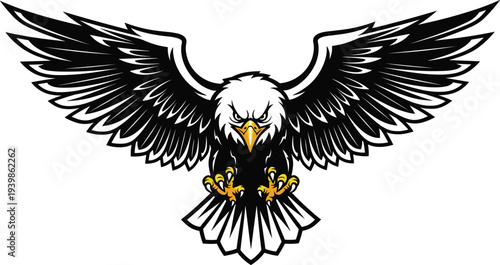 Powerful bald eagle mascot vector illustration with spread wings and sharp talons in a bold black and white sports style
