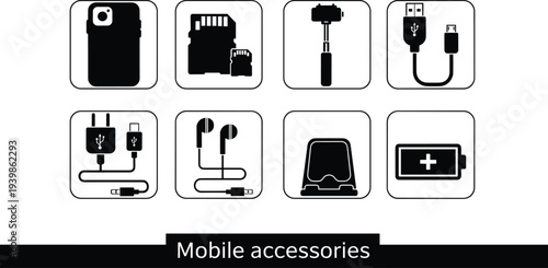 Black and white mobile phone accessories vector icon set including charger cables earphones memory cards power bank and selfie stick