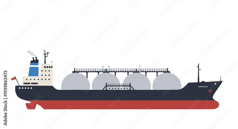 Obraz premium LNG tanker ship vector illustration. Large gas carrier vessel for maritime energy transport and global logistics. Industrial cargo ship for natural gas and petroleum trade.