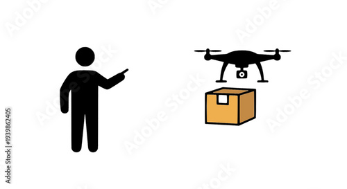 Drone delivery service with human operator. Person controlling quadcopter for parcel shipping and logistics. Smart technology for automated package transport and warehouse courier.