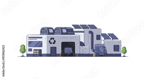 Modern recycling plant facility vector. Industrial building with solar panels, waste processing systems, and service truck. Concept for sustainable green energy and circular economy.
