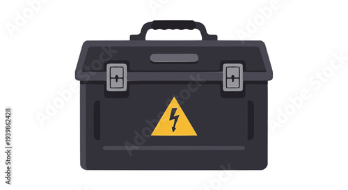 Industrial electrical toolbox vector. Heavy-duty equipment case with high-voltage warning symbol. Professional container for electricians and maintenance repairs.
